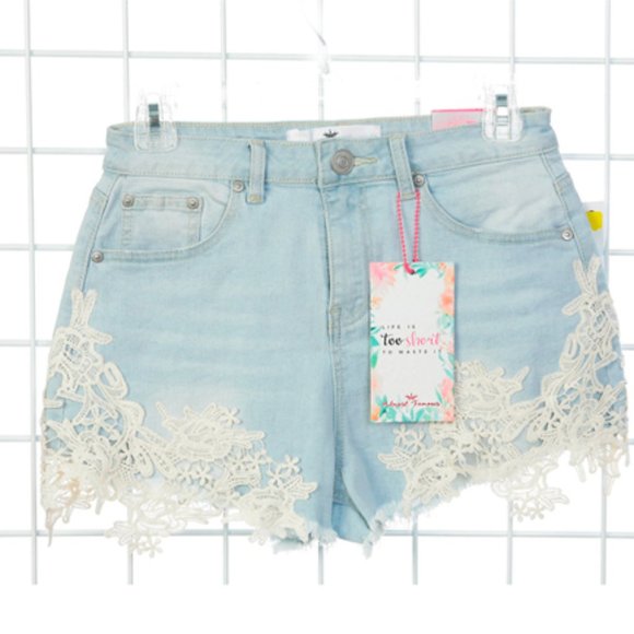 Allmost Famous Pants - Blue Jean Short Shorts High Rise Cut Off Jean Fringe & Lace Shorts